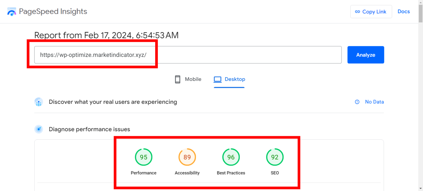 Performance of Site on Google PageSpeed Insights BEFORE activating WP-Optimize