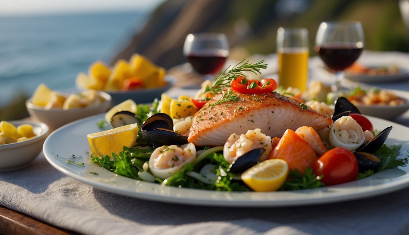 A table set with Mediterranean seafood, sides, and wine. A variety of fish dishes arranged with colorful vegetables and herbs. Waves crashing in the background