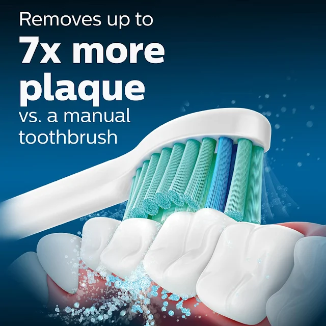 toothbrush rubbing on teeth, some text explaining philips sonicare toothbrush heads