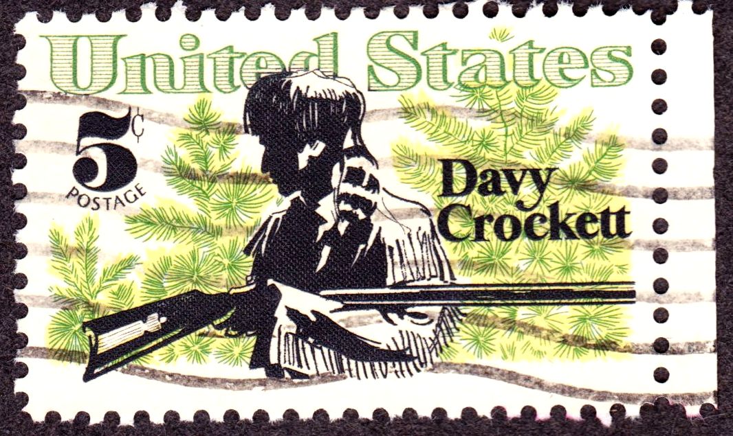Commemorative US postage stamp depicting Crockett. 