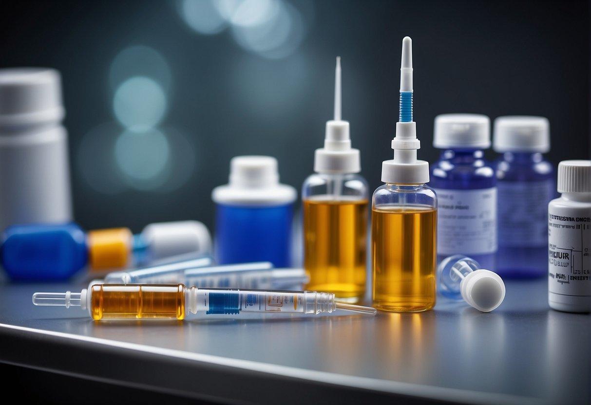 A table with various sizes of intramuscular injection needles, a vial of medication, and a syringe. Labels and safety caps are visible