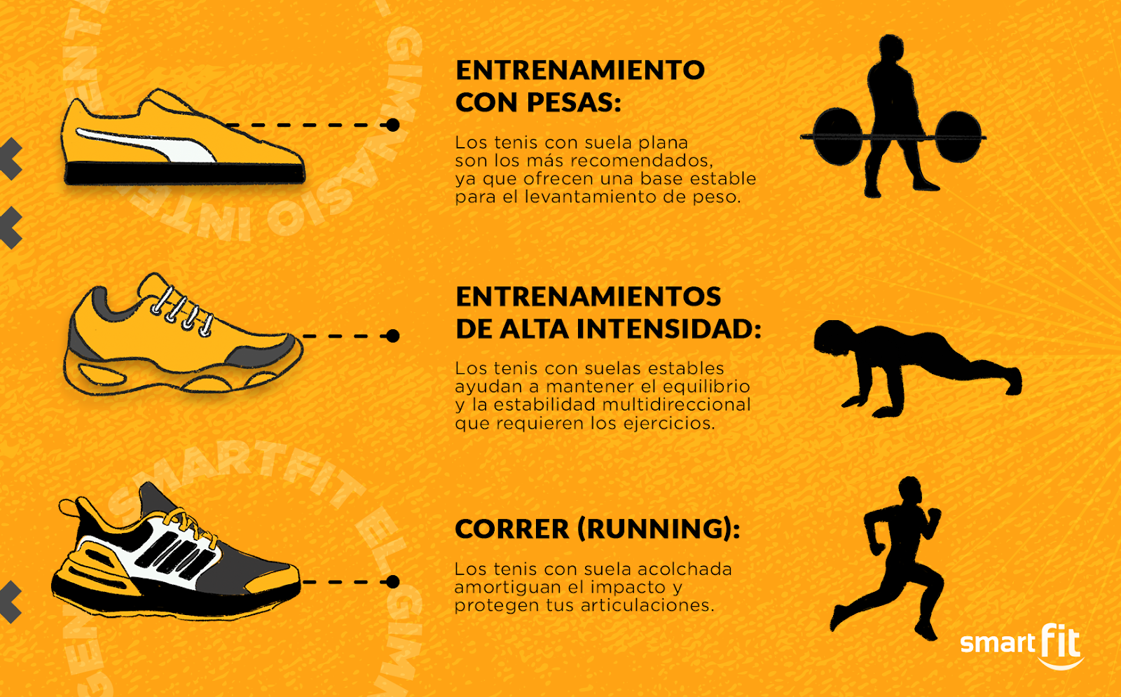 ilustración de las caracteristicas de los tenis adecuados para cada entrenamiento: pesas, alta intensidad y correr.