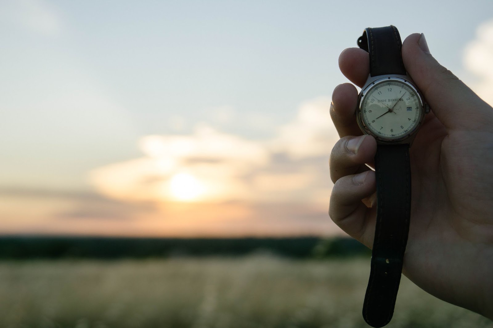 Photo of a person holding an analog watch in front of a field with the sun coming up in the distance.