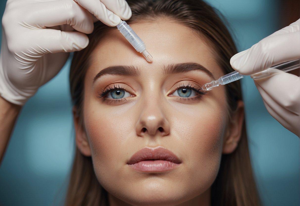 A syringe injecting dermal fillers into the forehead, with a focus on the skin's texture and the depth of the injection