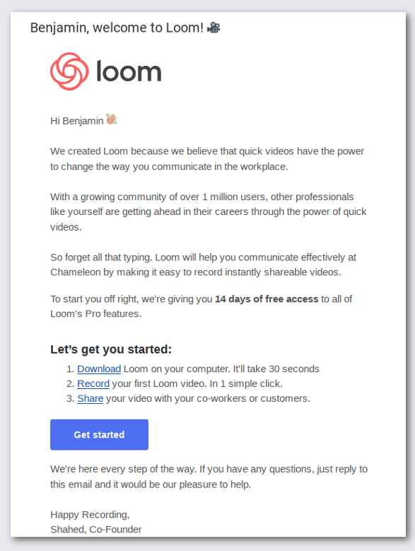 Screenshot of a welcome email from SaaS company, Loom
