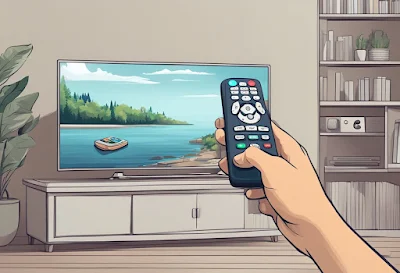 A hand holding a phone with a remote control app open, while a TV or other electronic device is in the background