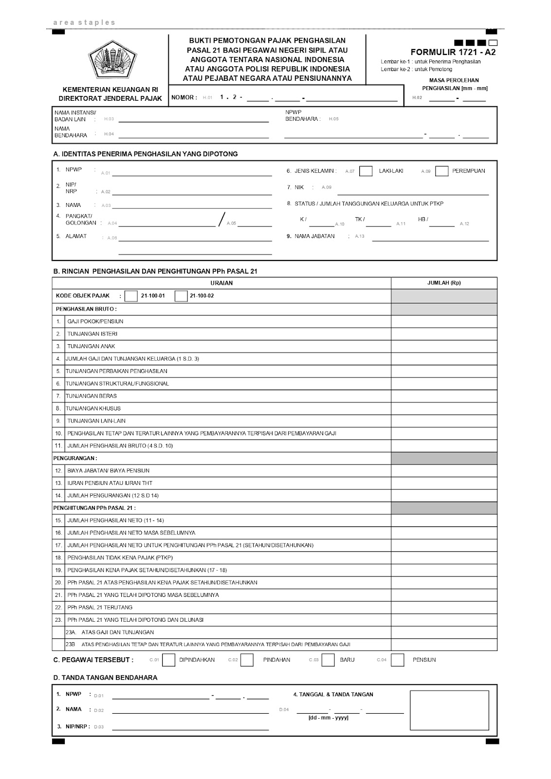 bukti potong pph 21 formulir 1721 A2