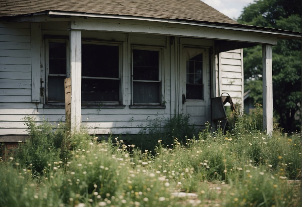 A deserted, dilapidated house with overgrown weeds and boarded-up windows, surrounded by foreclosure notices and neglected belongings