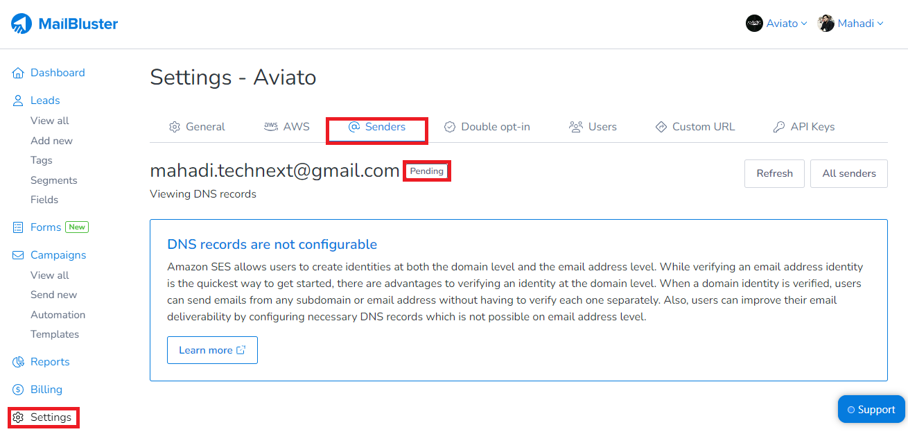 Email address verification pending status