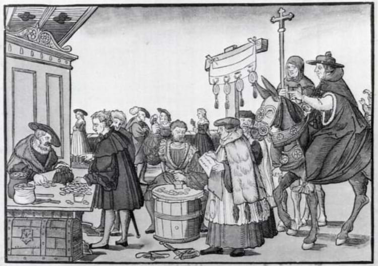 The sale of Catholic indulgences depicted in A Question to a Mintmaker, a woodcut created by Jörg Breu the Elder of Augsburg, c. 1530