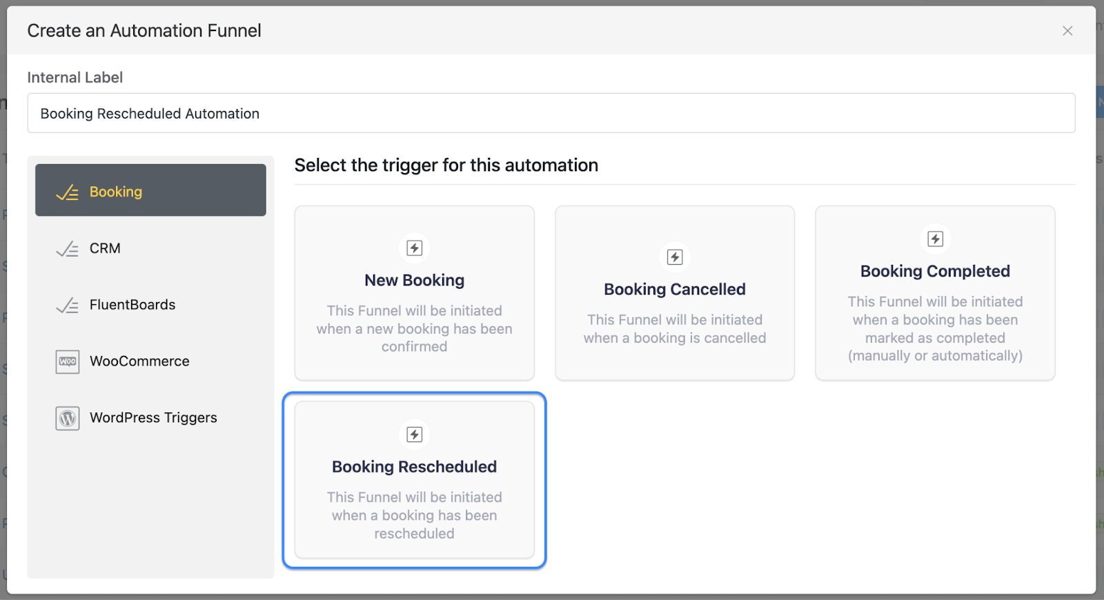 booking rescheduled trigger in fluentcrm