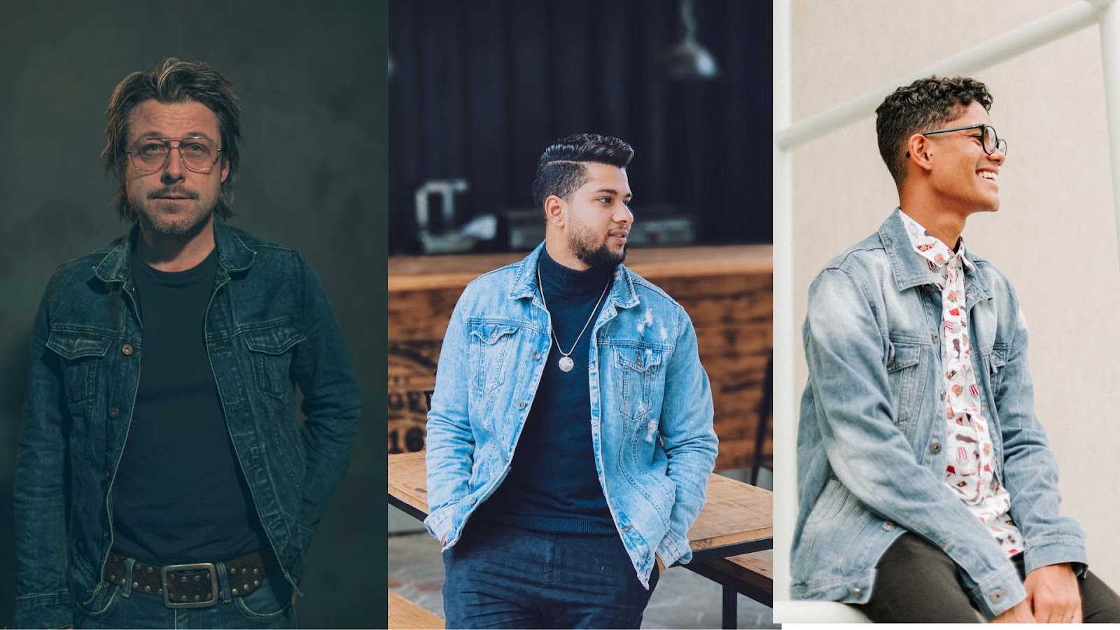 A college of pictures where three men are wearing different color of denim jackets with different color of jeans 