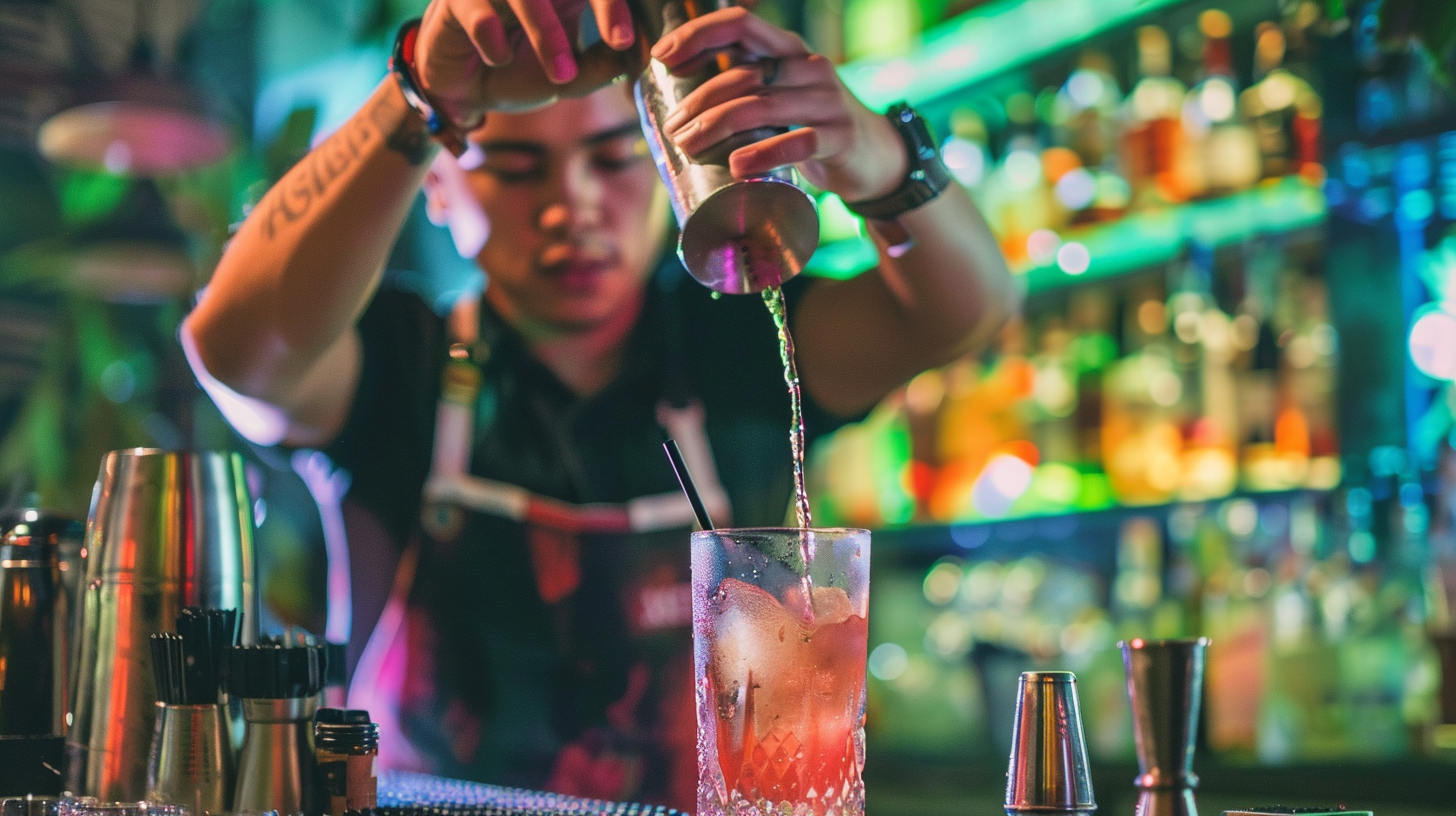 A mixologist preparing a drink at a nightclub in Juarez