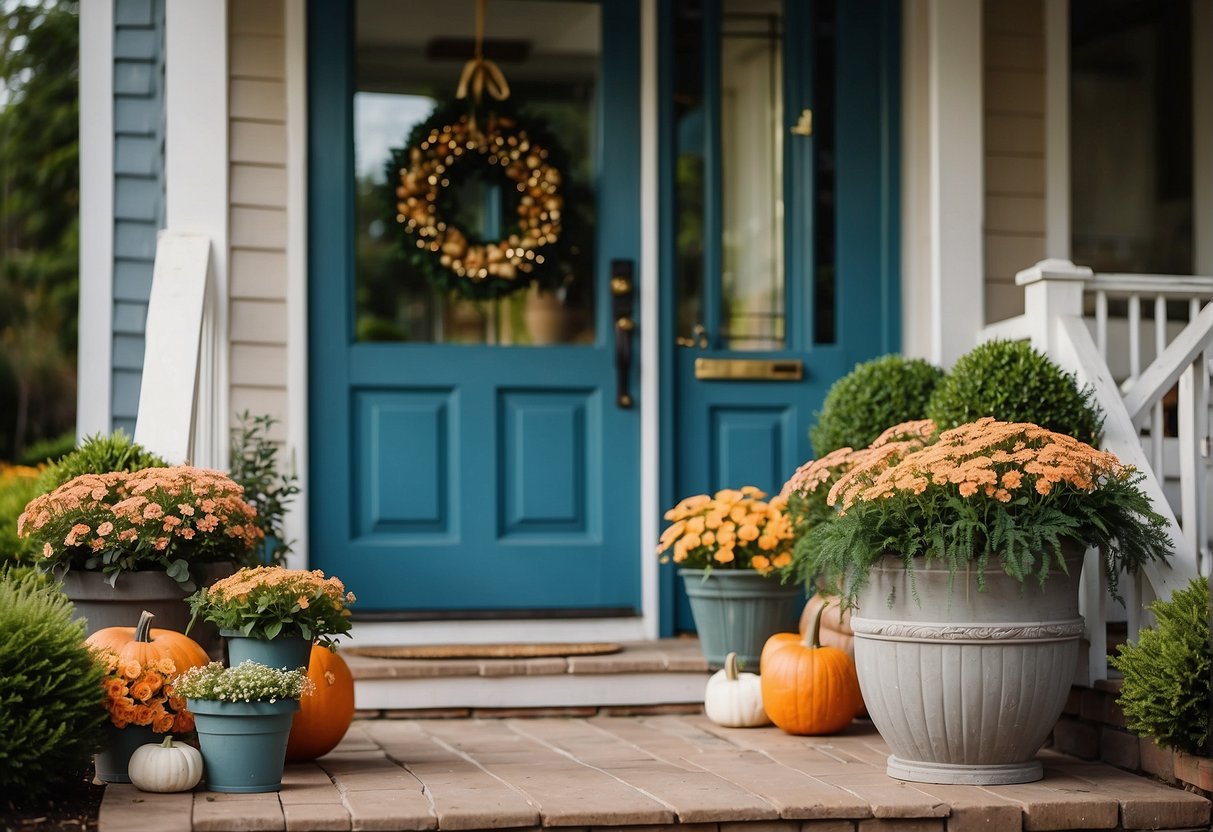 A cozy home with seasonal decorations, such as wreaths and potted plants, adorning the front porch. The yard is neatly landscaped, with a pop of color from blooming flowers