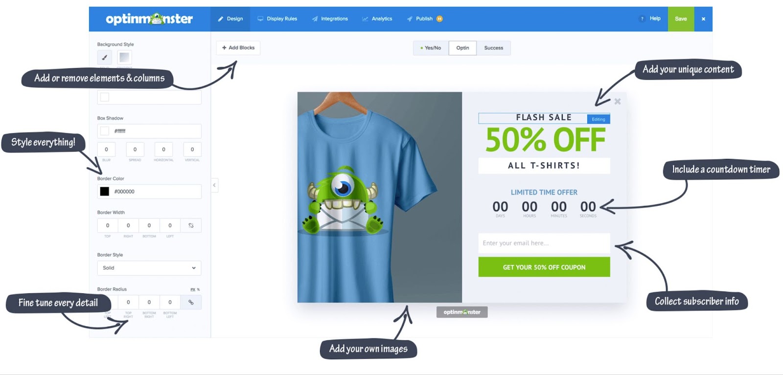WordPress email marketing plugins, an explanation of the OptinMonster builder interface