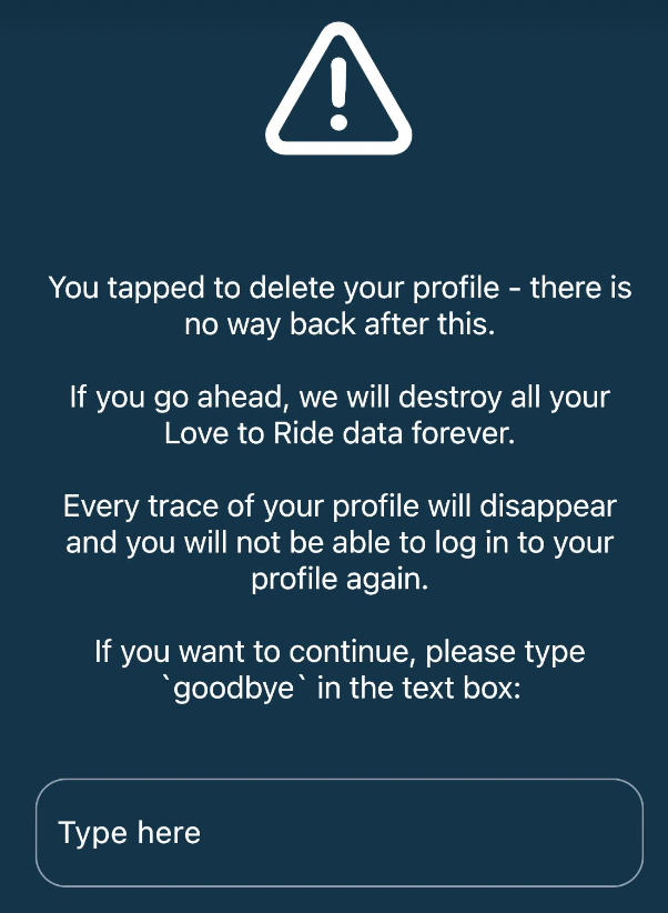 Love to Ride app delete profile screen. 