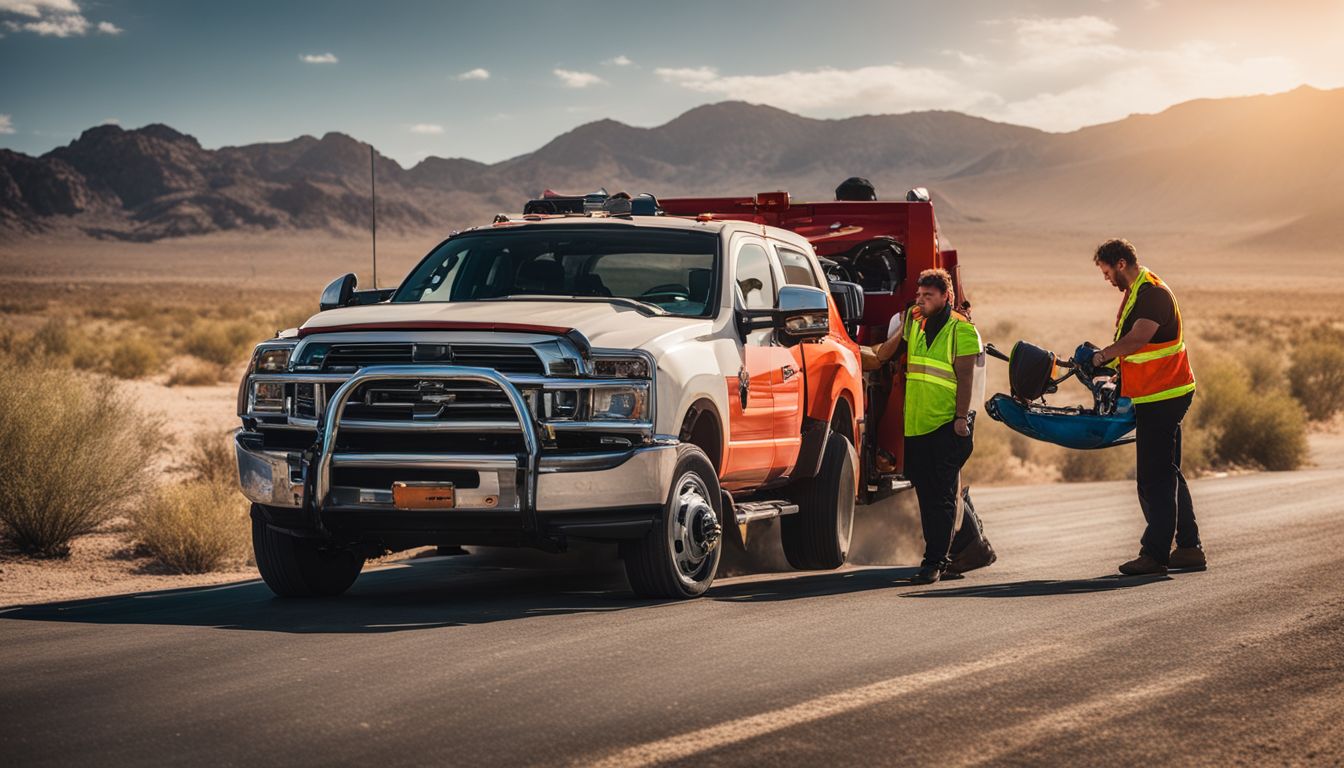 A tow truck driver assists a stranded driver on a desert highway.