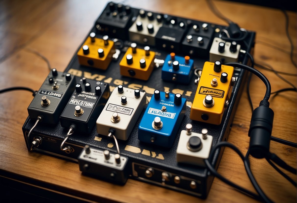 A pedalboard with various effects pedals arranged in a specific order, with a focus on the placement of an EQ pedal within the chain
