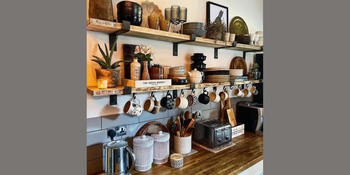 A maximalist coffee station with colorful cups and equipment