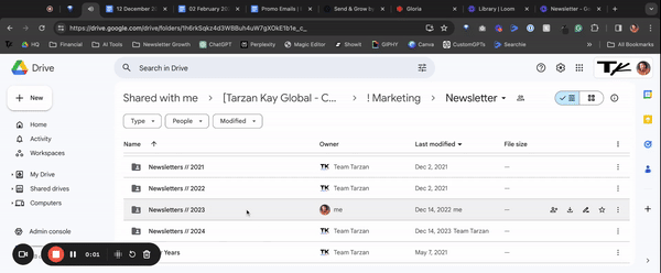 Google Drive folder that shows a folder called “newsletter,” which contains more folders called newsletter followed by the year, from 2020 to 2024, and an additional folder called prior emails. The mouse clicks through and then you see inside the “newsletters 2023" folder, which has 12 documents each labelled for the month.