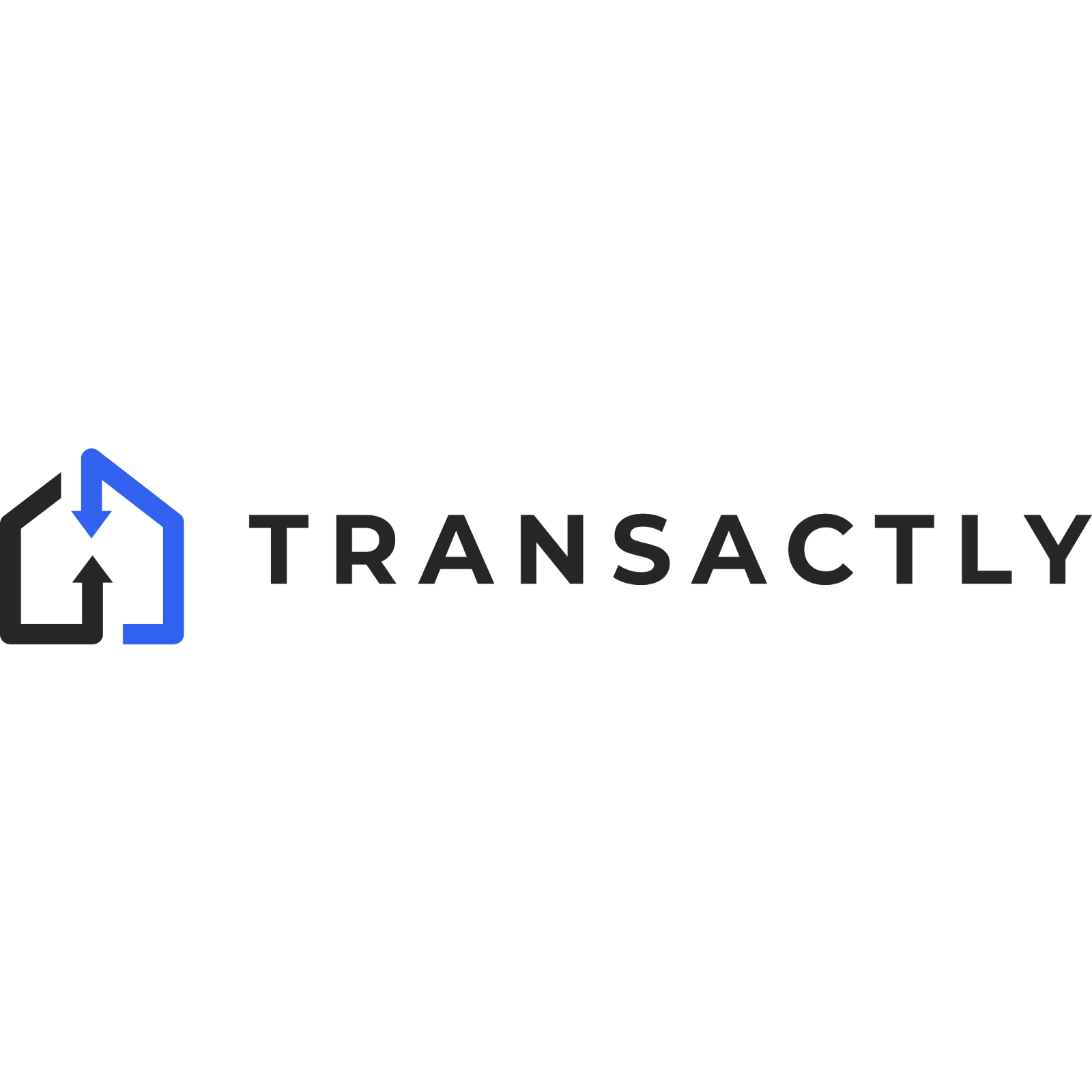 company name transactly with logo that are two arrow shaped like a house