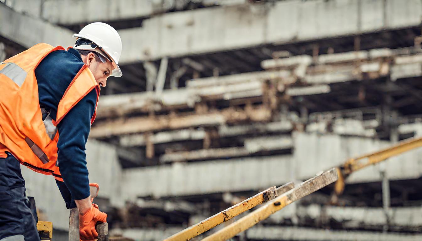 A person in a hard hat and hardhat holding a piece of wood

Description automatically generated