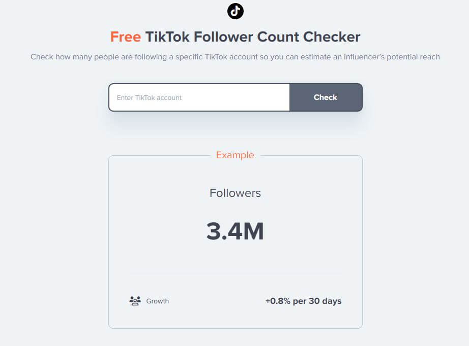 A web page titled "Free TikTok Follower Count Checker" with a field to enter a TikTok account name.