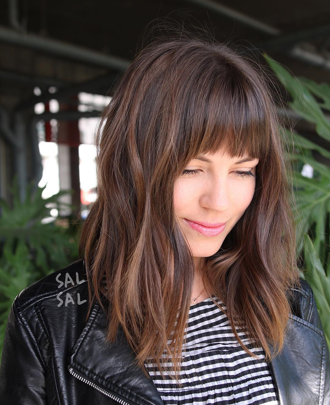 Brown Style with Bangs and Caramel Highlights Shoulder Length Hairstyles