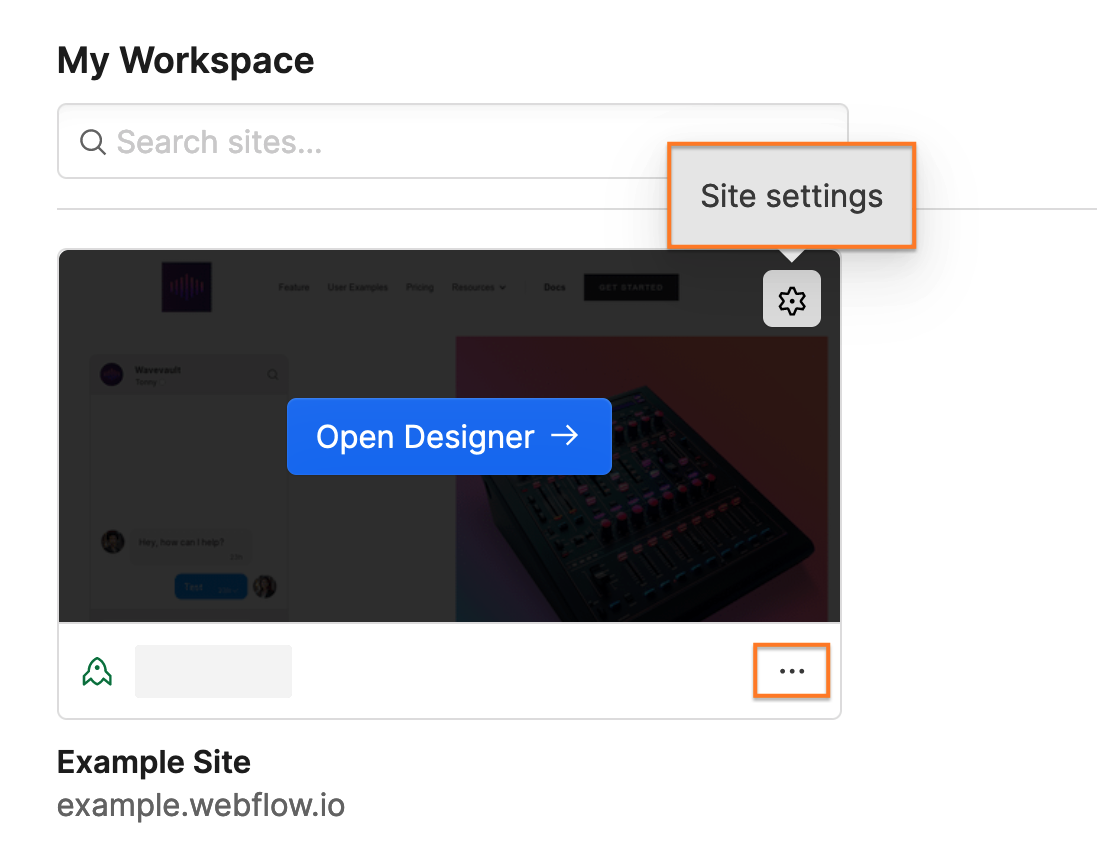 An overview of a Webflow workspace with a card for one site. Site settings are available from a three-dot menu, or from a ‘Site settings’ menu that appears when hovering over the site card.