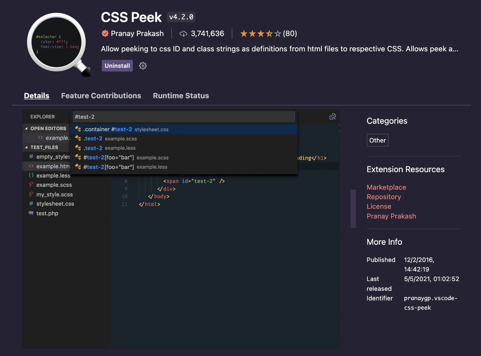 CSS peek extension visual studio code