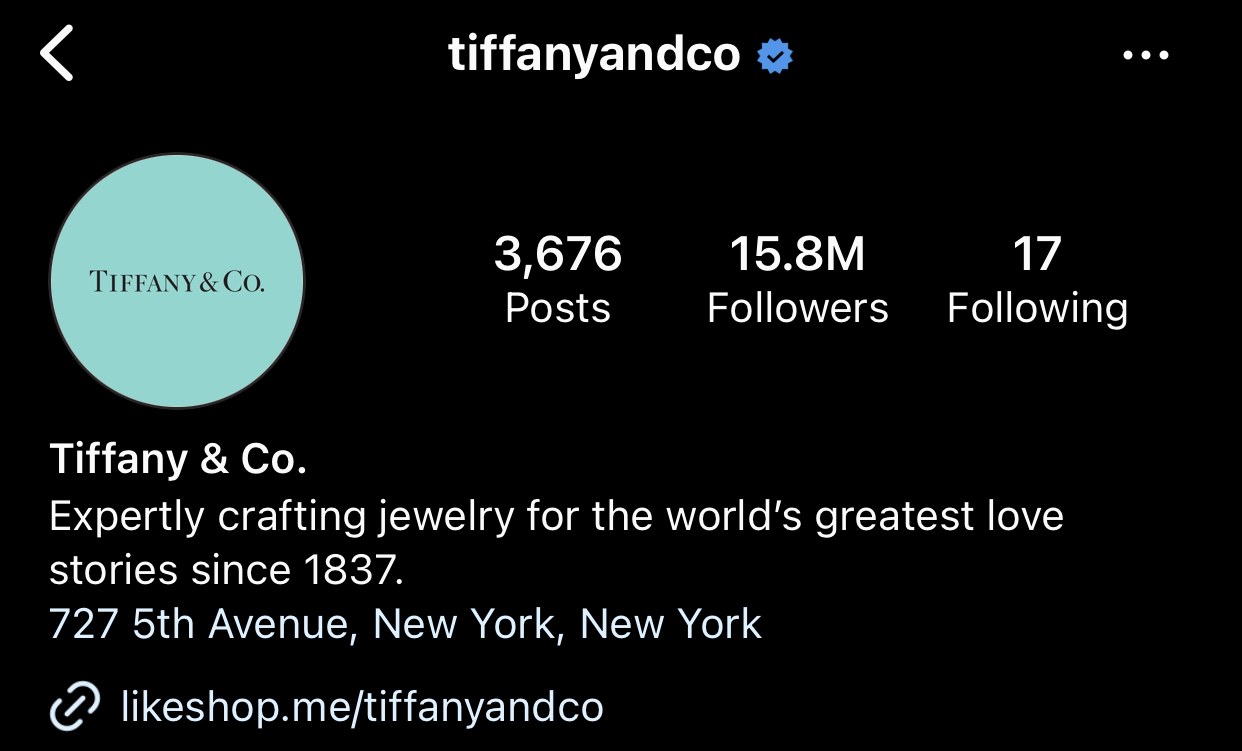 Tiffany and Co’s bio includes the establishment date, address, and a link to their website.