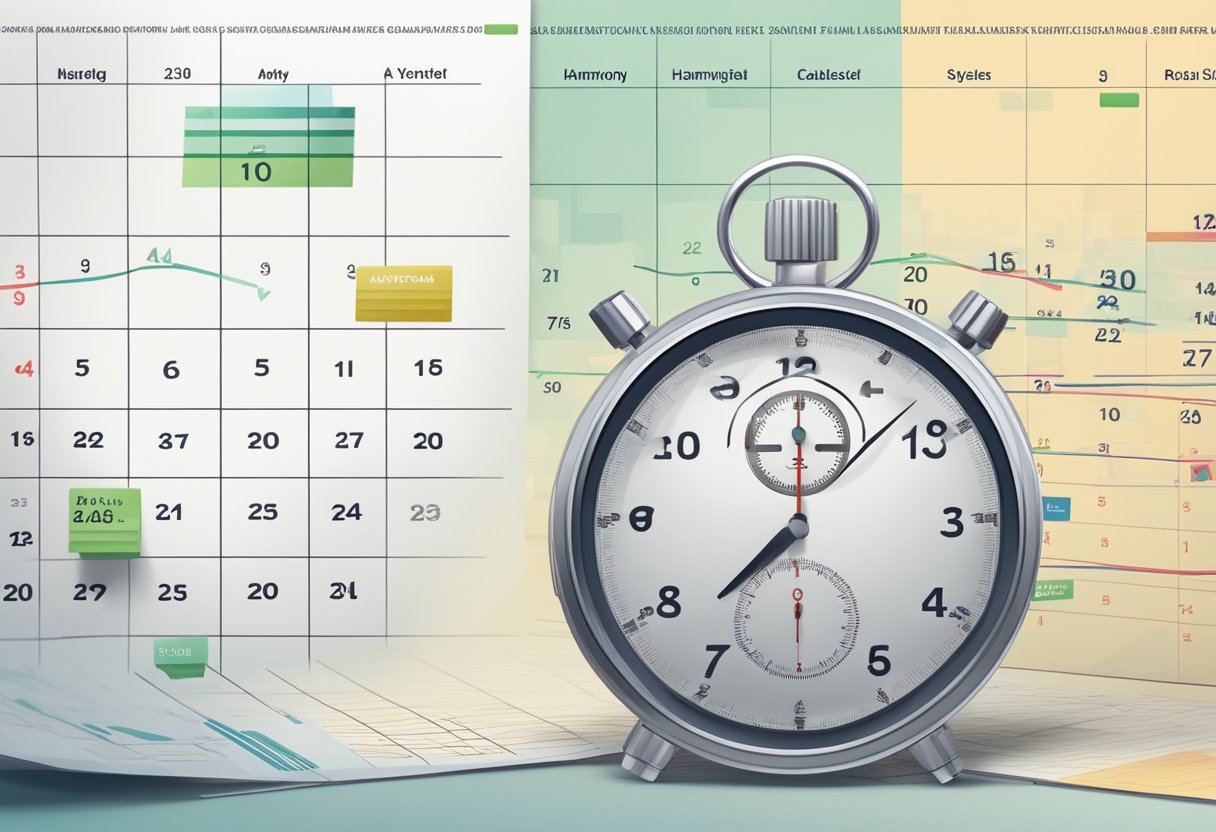 A calendar with days crossed off, showing a quick sale timeline. A stopwatch indicating speed. Harmony Home Buyers logo prominent