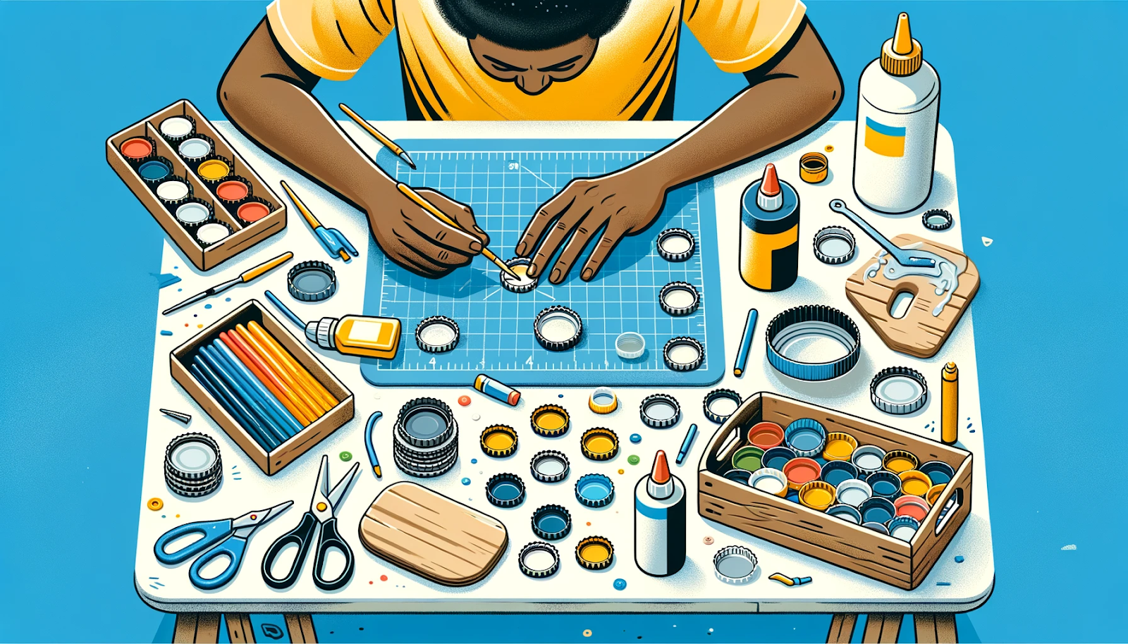 Ilustração de uma mesa de trabalho onde uma pessoa de ascendência africana cria meticulosamente uma base para copos usando tampas de garrafas plásticas. Cola, tinta e outras ferramentas de artesanato estão espalhadas pela área de trabalho.