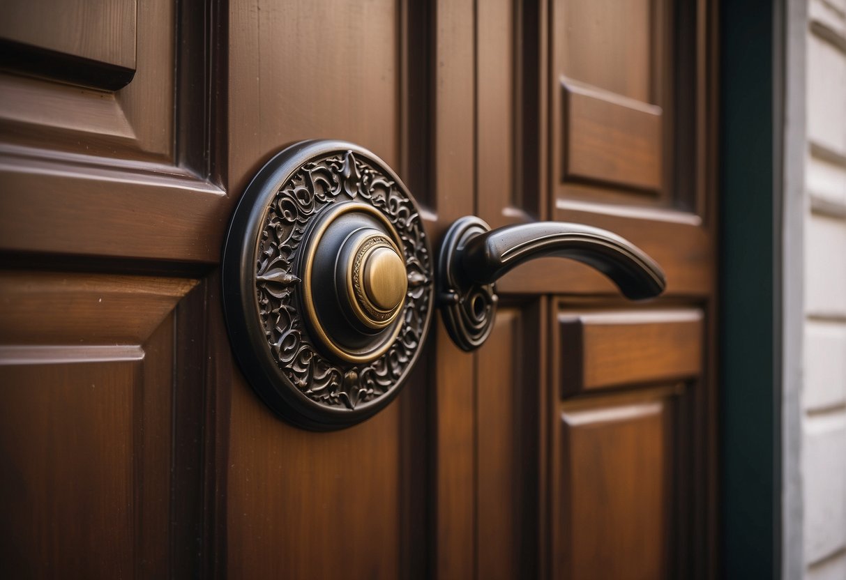 A close-up of a front door with stylish hardware and a decorative knocker. Surrounding the door are well-maintained outdoor lights, a sleek mailbox, and a fresh coat of paint