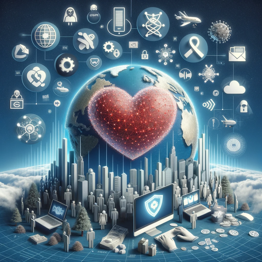"A conceptual image of Earth with a glowing red heart overlay and surrounding icons denoting various global and technological themes, representing interconnectedness and global welfare."