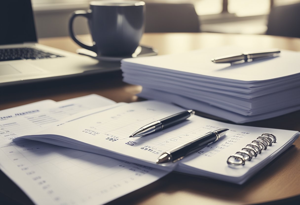 A stack of paperwork sits on a desk, with a calendar showing the passage of time in the background. A checkbook and pen are nearby, ready to be used