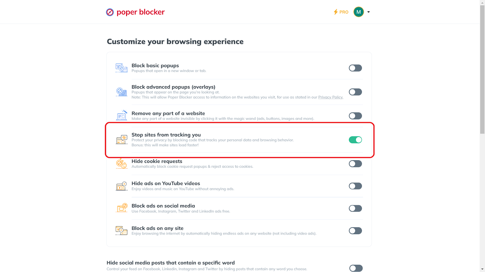 Poper Blocker’s Tracker Blocking Feature