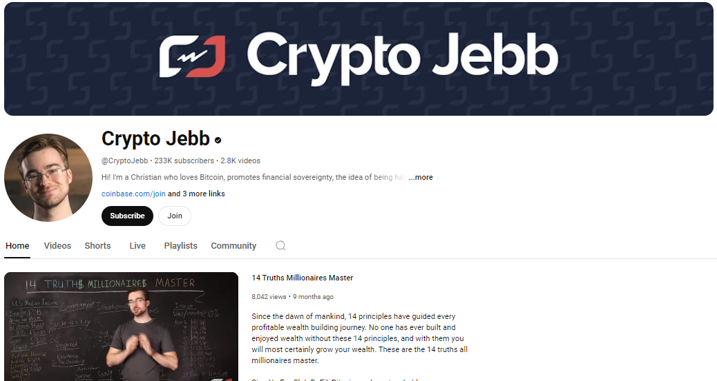 Homepage of Crypto Jebb YouTube Channel