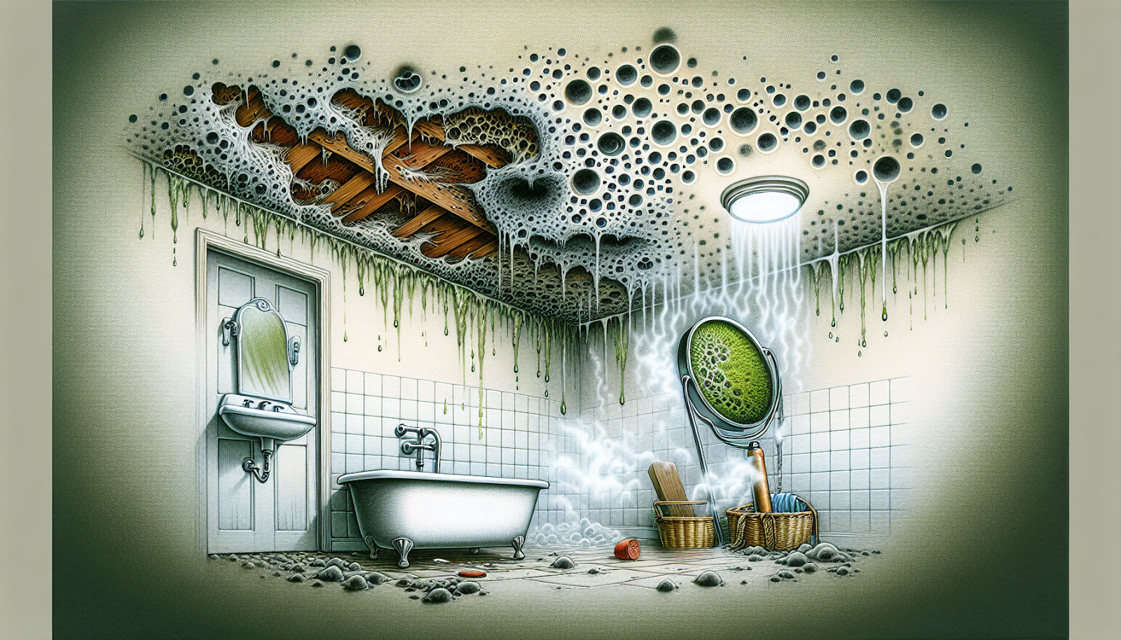 Illustration of mold spores thriving on a bathroom ceiling