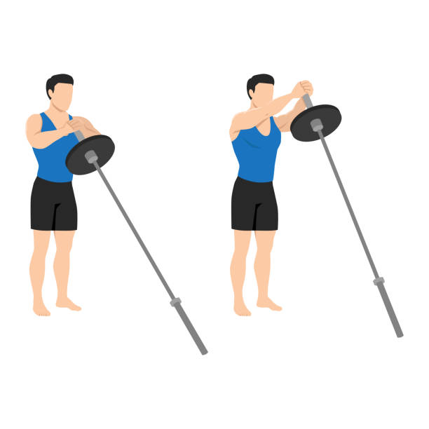 Man doing standing landmine chest svend press exercise. Man doing standing landmine chest svend press exercise. Flat vector illustration isolated on white background landmine press stock illustrations