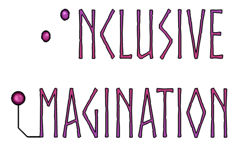 Inclusive Imagination Text Only Logo: The word "Inclusive" on top of the word "Imagination." The "i" in "inclusive" is represented in braille. And the "i" in imagination is represented with an adaptive switch.