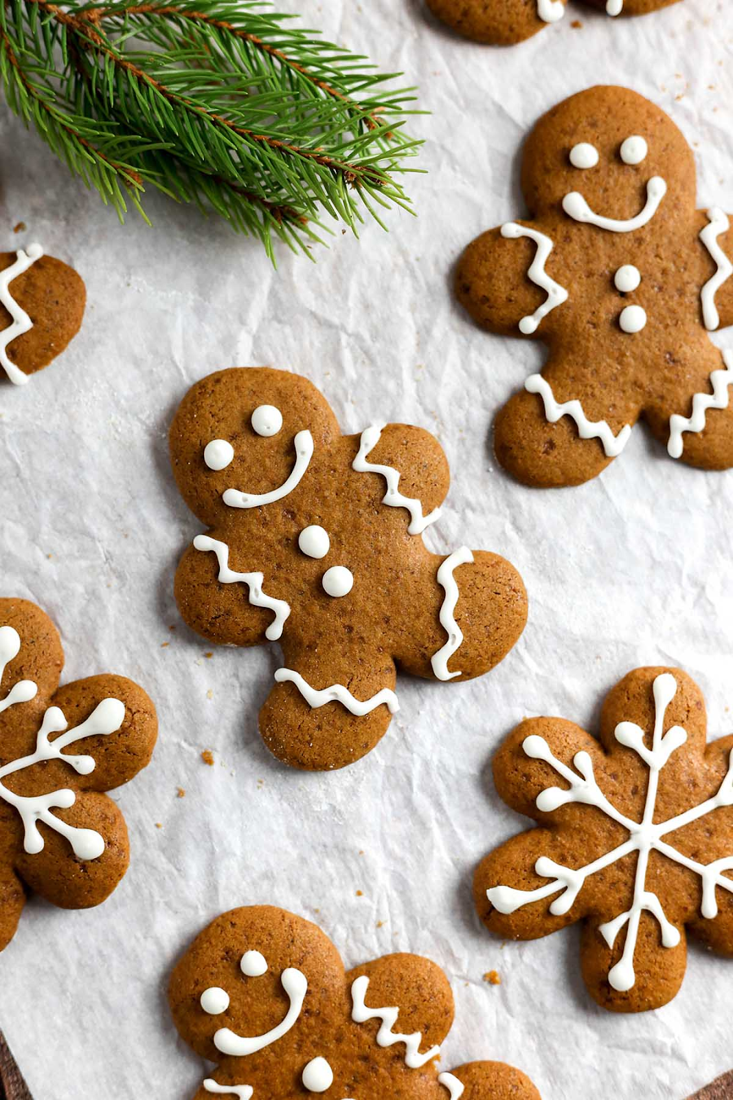 gingerbread men and evergreen in background gluten free dairy free
