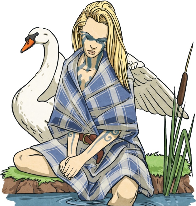 Caer is wearing a blue flannel dress with a brown belt. She has Celtic body paint on her chest and face. She has her feet dipping into the water in front of her with a swan sitting behind her.