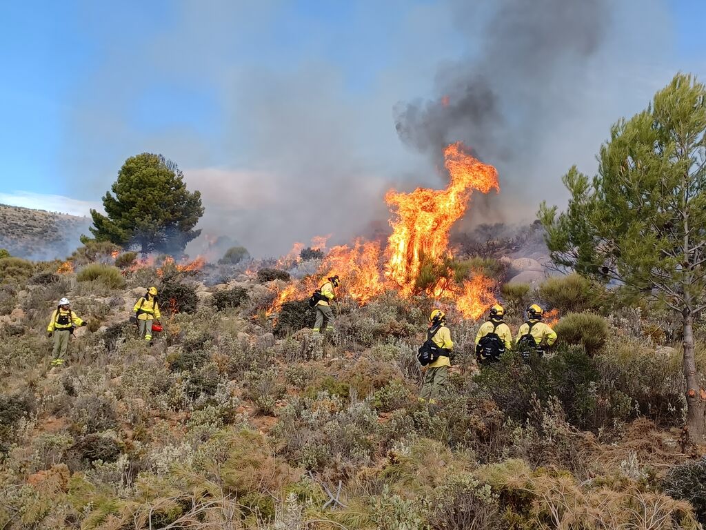 Operatori di INFOCA bruciano un’area di montagna in Dalías, Almeria, a inizio dicembre. Il fuoco prescritto viene fatto prevalentemente in inverno, e dopo un accurato studio sulle condizioni del territorio e dell’ecosistema locale. Foto: Iván Gómez/Diario de Almería