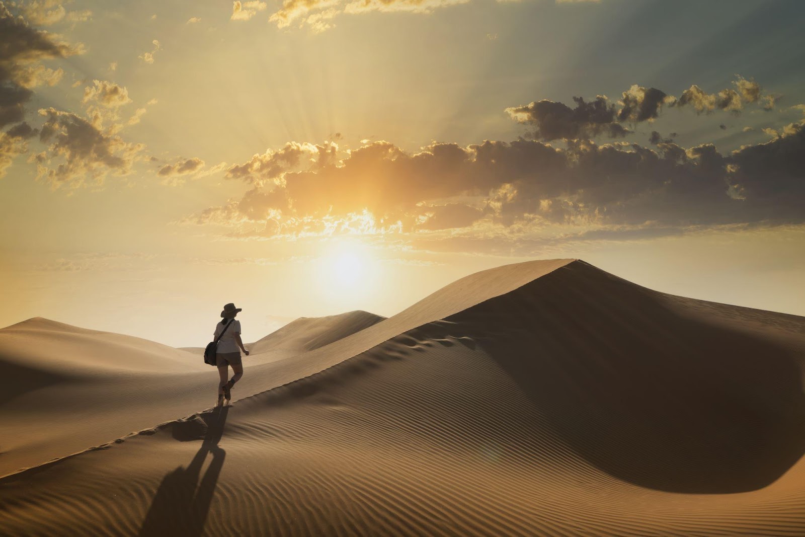 Person on a sand dune at sunset