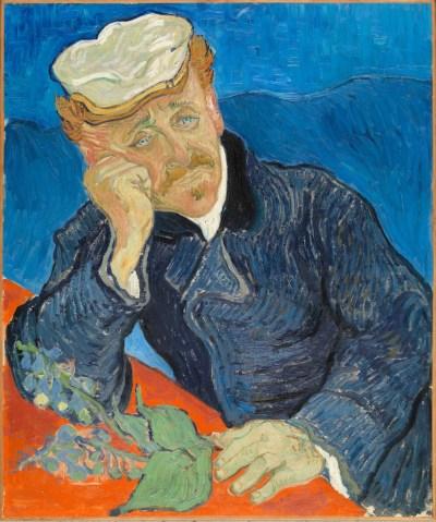 A painting of a man with his arm resting on an orange surface and his head in his hand. He holds lavender in the other hand.