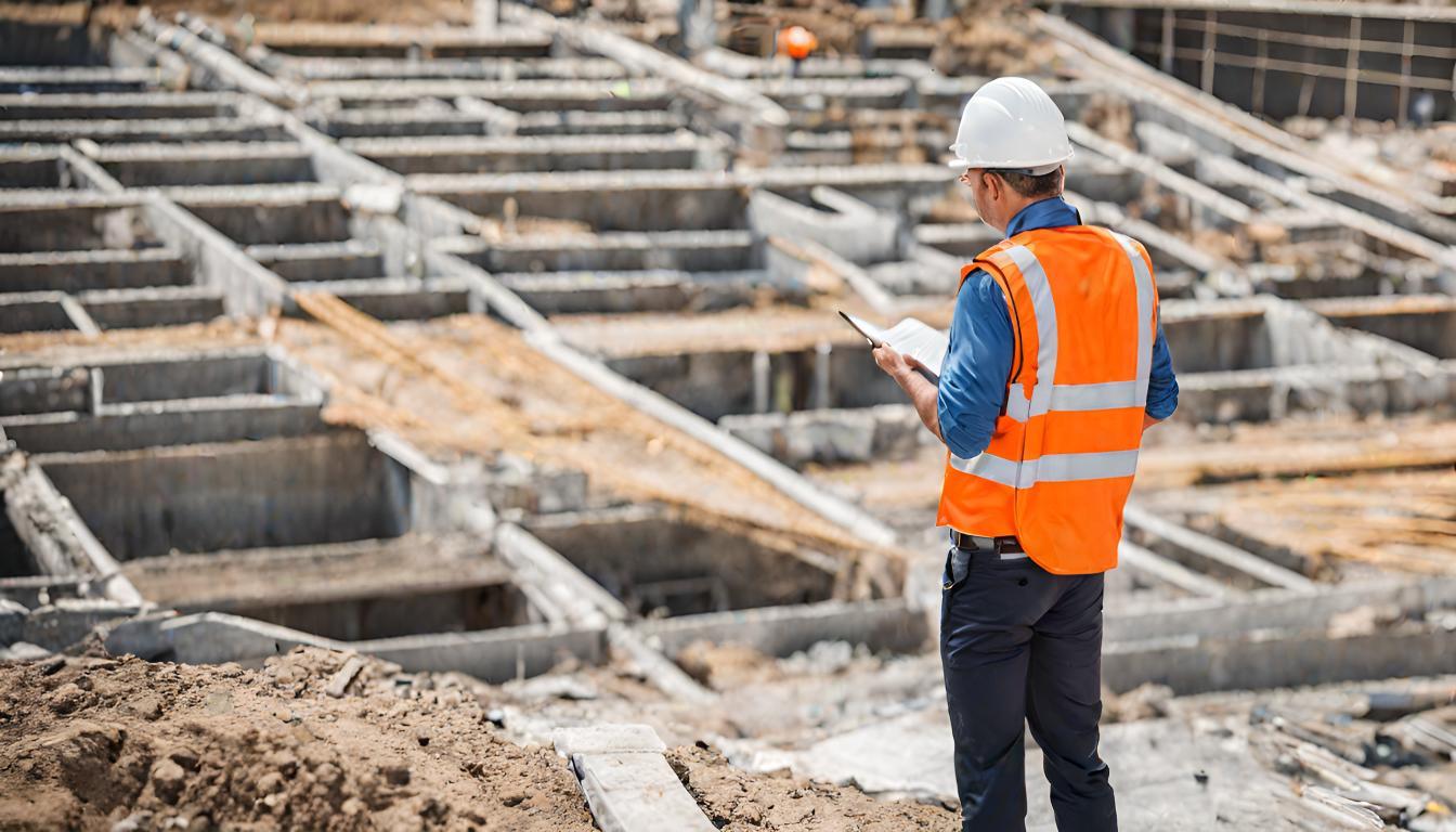 A person in a hard hat and vest looking at a construction site

Description automatically generated
