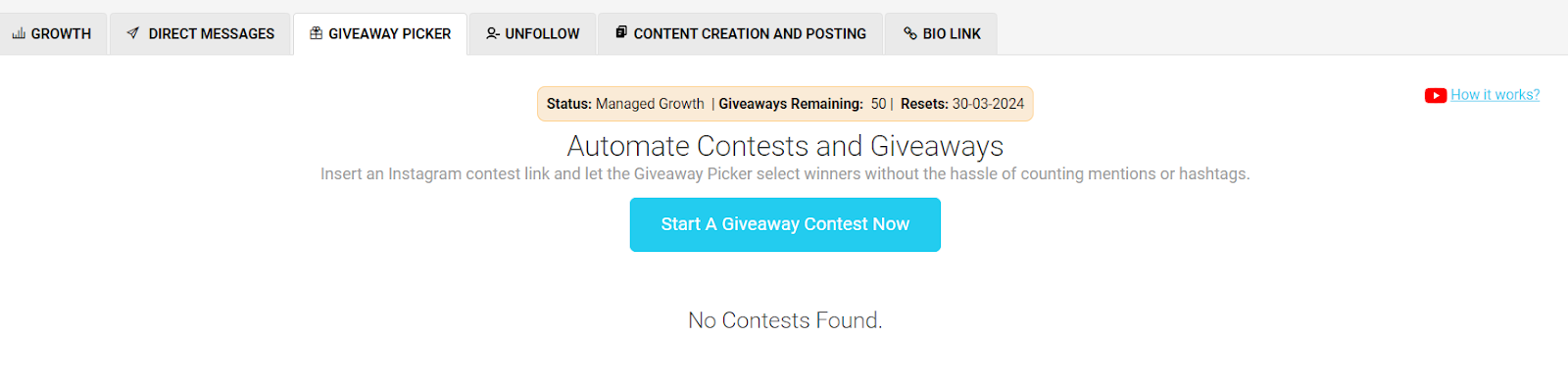 AiGrow giveaway picker on the dashboard