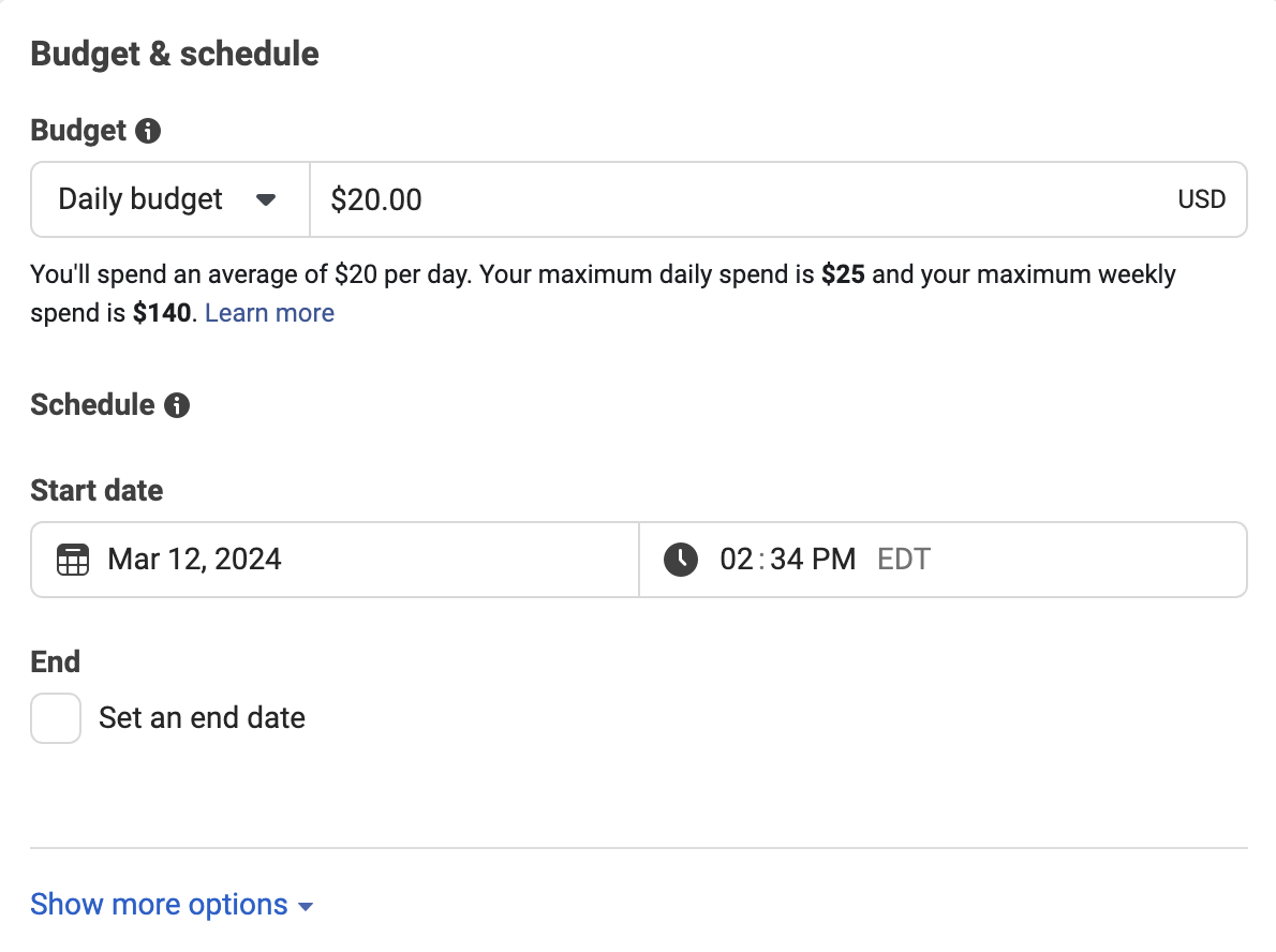 budget and schedule section in meta ads manager