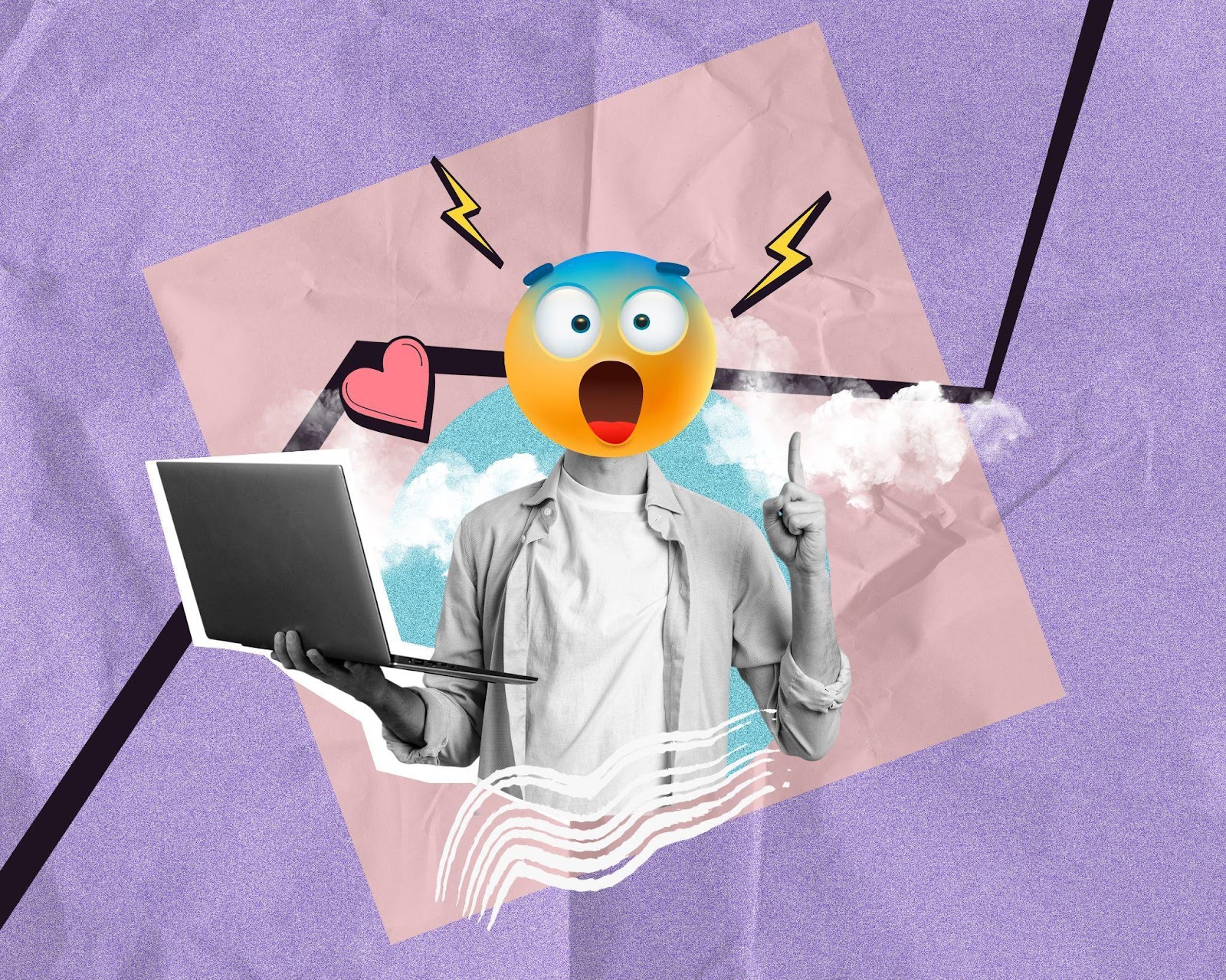 Homem com rosto de emoji surpreso, segurando um notebook